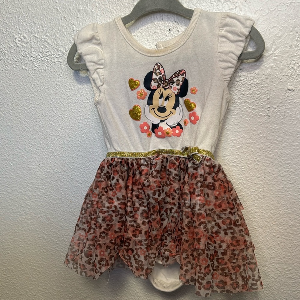 Disney Baby 12m Minnie Mouse Dress with cheetah Tutu Pink White Ruffle Sleeve